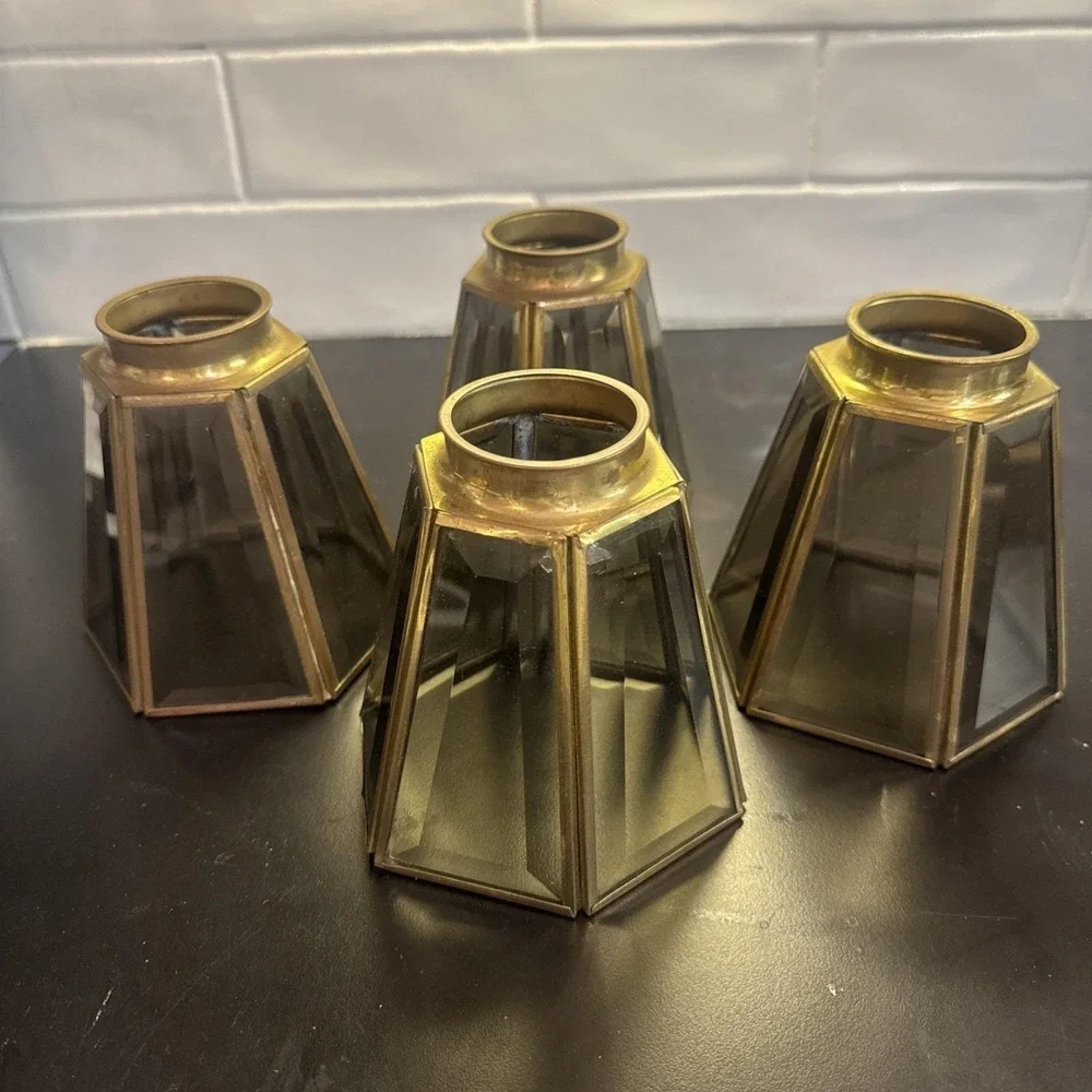 Vtg Brass 6 Panel Beveled Smokey Glass 4 Replacement Shades 4.75